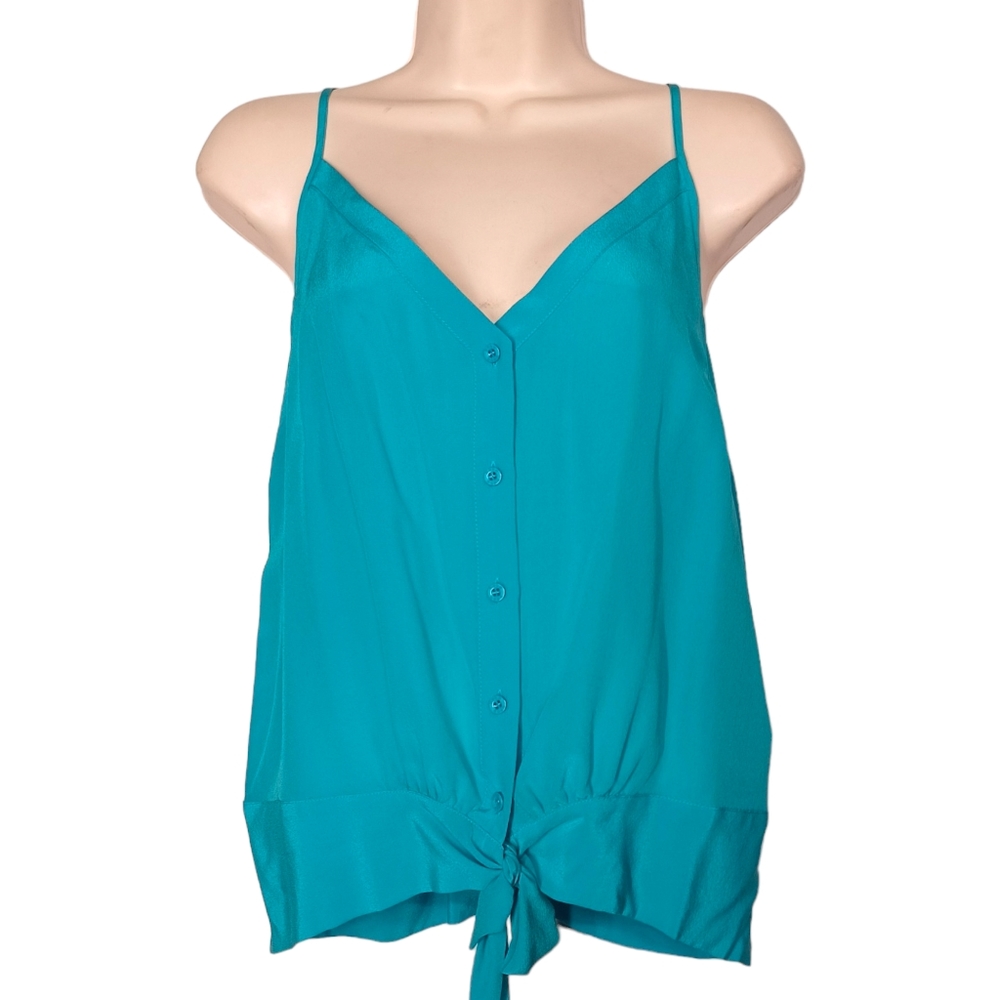 BEBE Scuba Mulberry Silk Blue Button Front Sleeveless Front Tie Tank Top S NWT